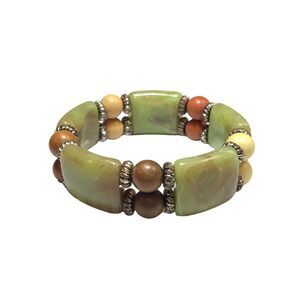 Marbled Resin Bracelet Silver Tone Green Plastic Wood Beads Stretch Elastic